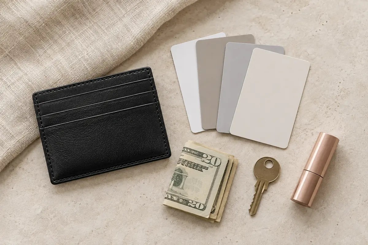 Compact cardholder beside four cards, folded cash, and keys