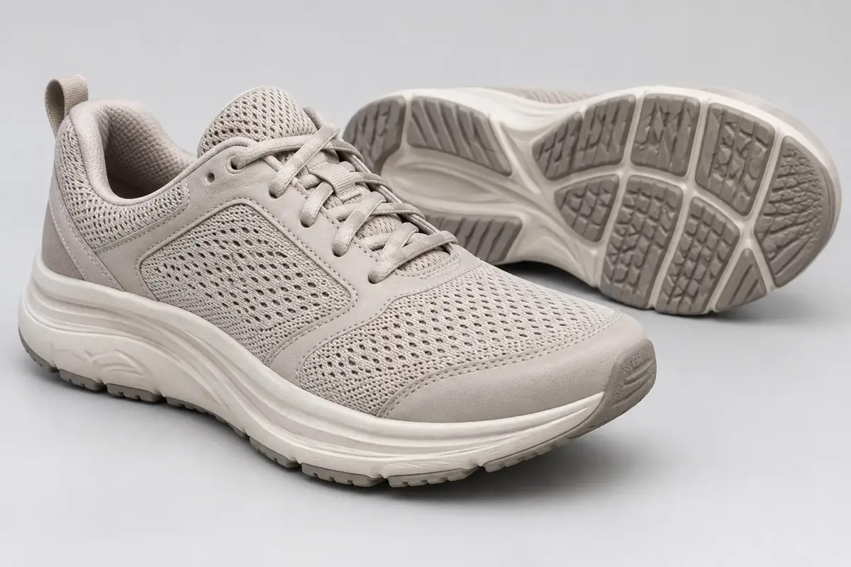 Close-up of a cushioned sneaker showing toe box, heel collar, midsole, and rubber outsole