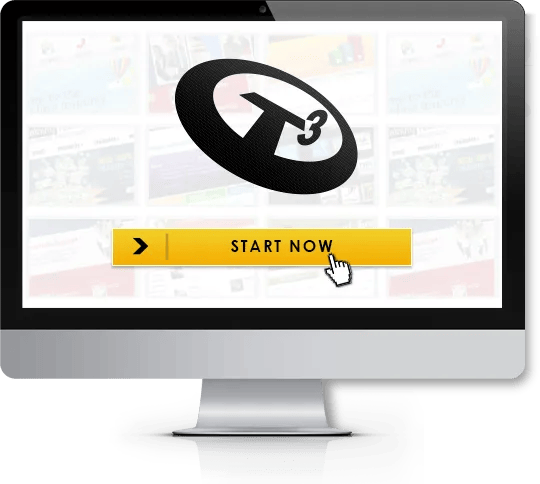 T3 logo and a Start Now button showing on a computer monitor