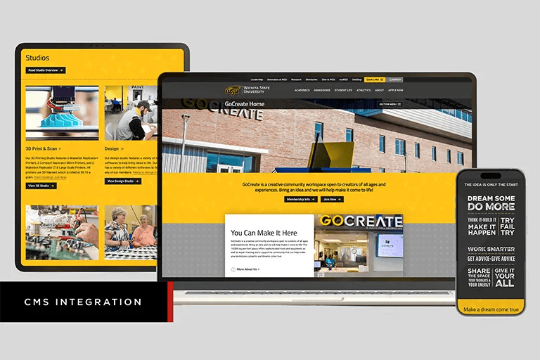 An image of the GoCreate website pages on tablet, mobile, and computer