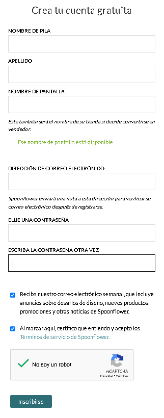 Formulario Inscripcion - Spoonflower: vender dise&ntilde;os, regal&iacute;as y requisitos
