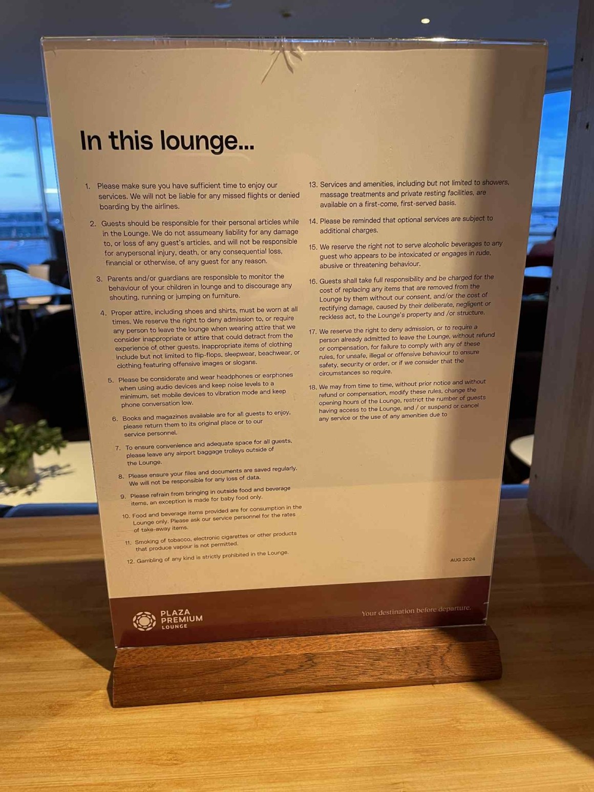 A sign in the Plaza Premium lounge LGW N stating the rules