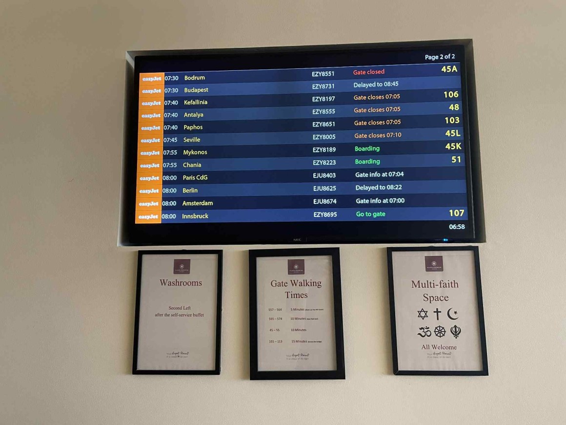 A departure board at a LGW lounge