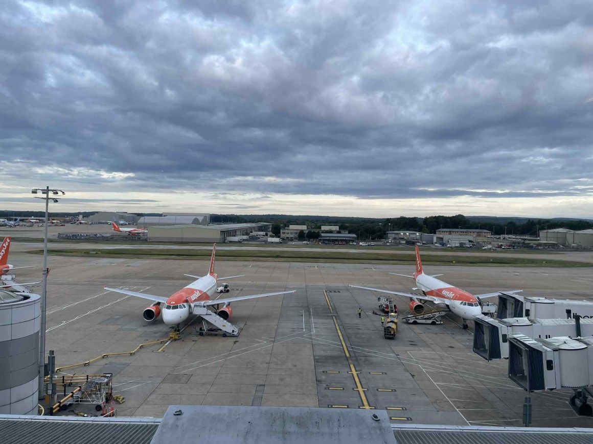 EasyJet planes parked at Gatwick Airport as it begins to get light