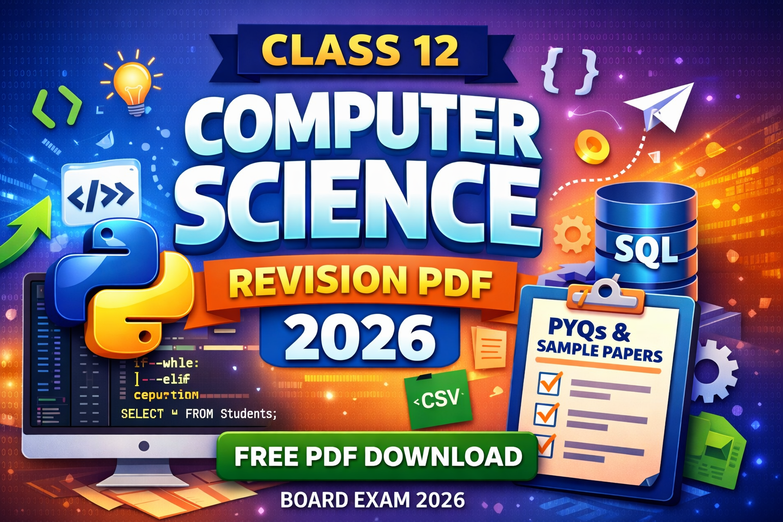 Class 12 Computer Science Revision PDF 2026 – PYQs, Sample Papers perfect for Revision