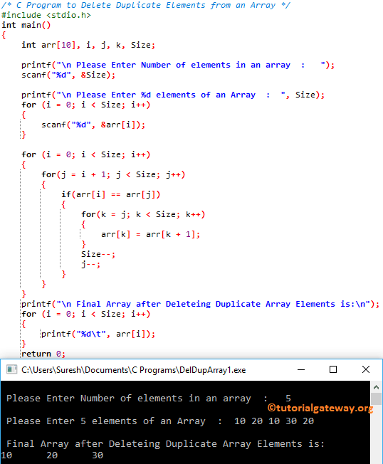 C Exercises Print All Unique Elements Of An Array W3resource Else if j n then return arri.