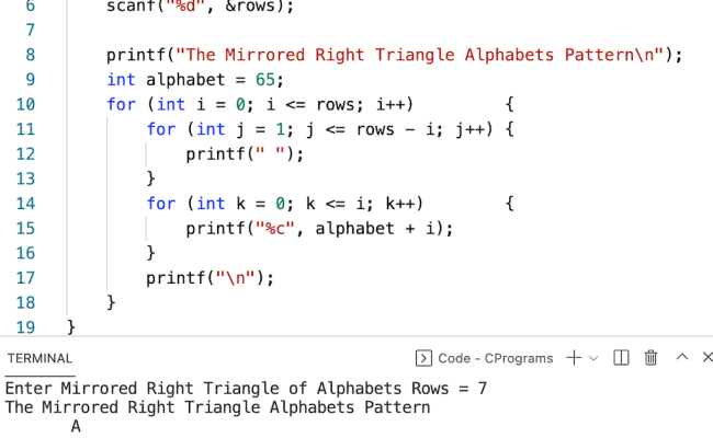 C Program To Print Mirrored Right Triangle Alphabets Pattern