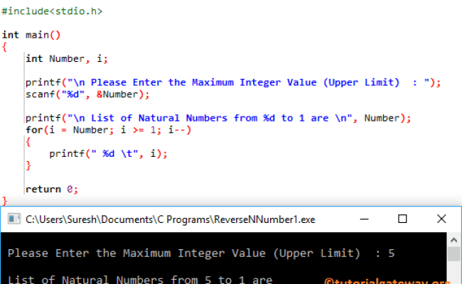 C Program To Print Natural Numbers In Reverse Order