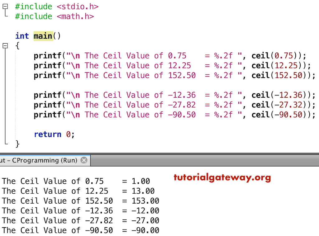The double is a fundamental data type built into the compiler and used to define numeric variables holding numbers wi. C ceil Function