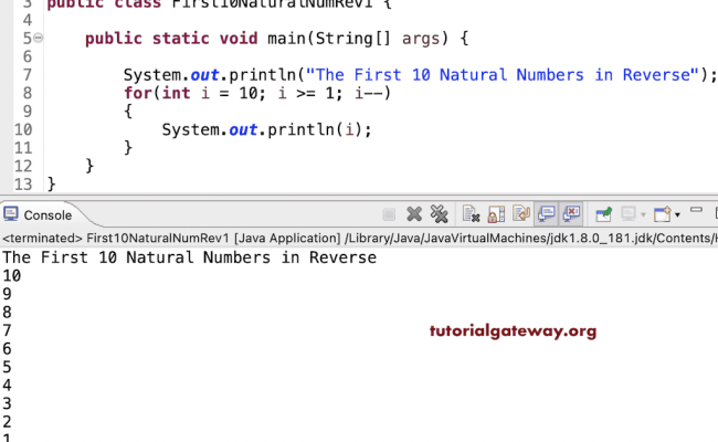 Java Program To Print First 10 Natural Numbers In Reverse