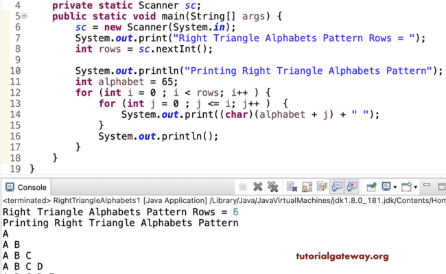Java Program To Print Right Triangle Alphabets Pattern