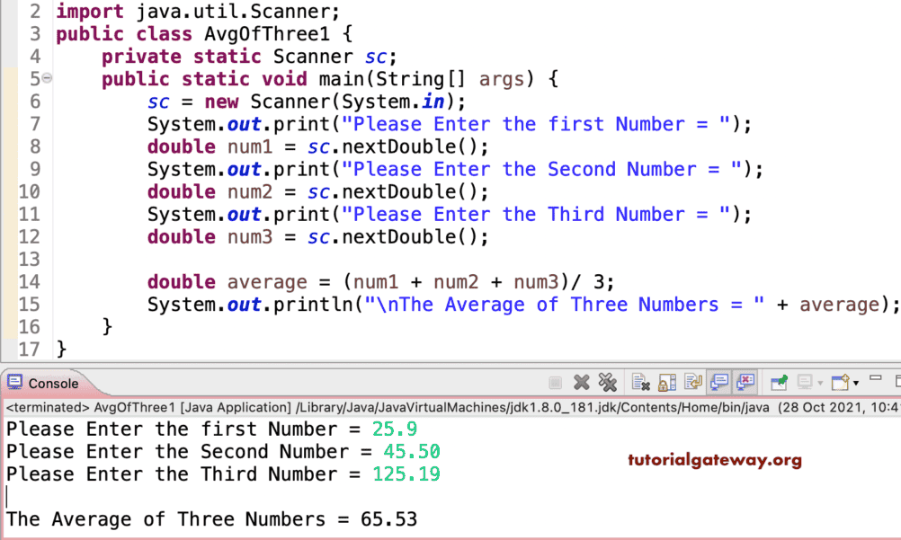 Java Program to find the Average of Three Numbers.