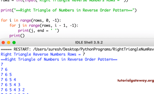 Python Program To Print Right Triangle Of Numbers In Reverse
