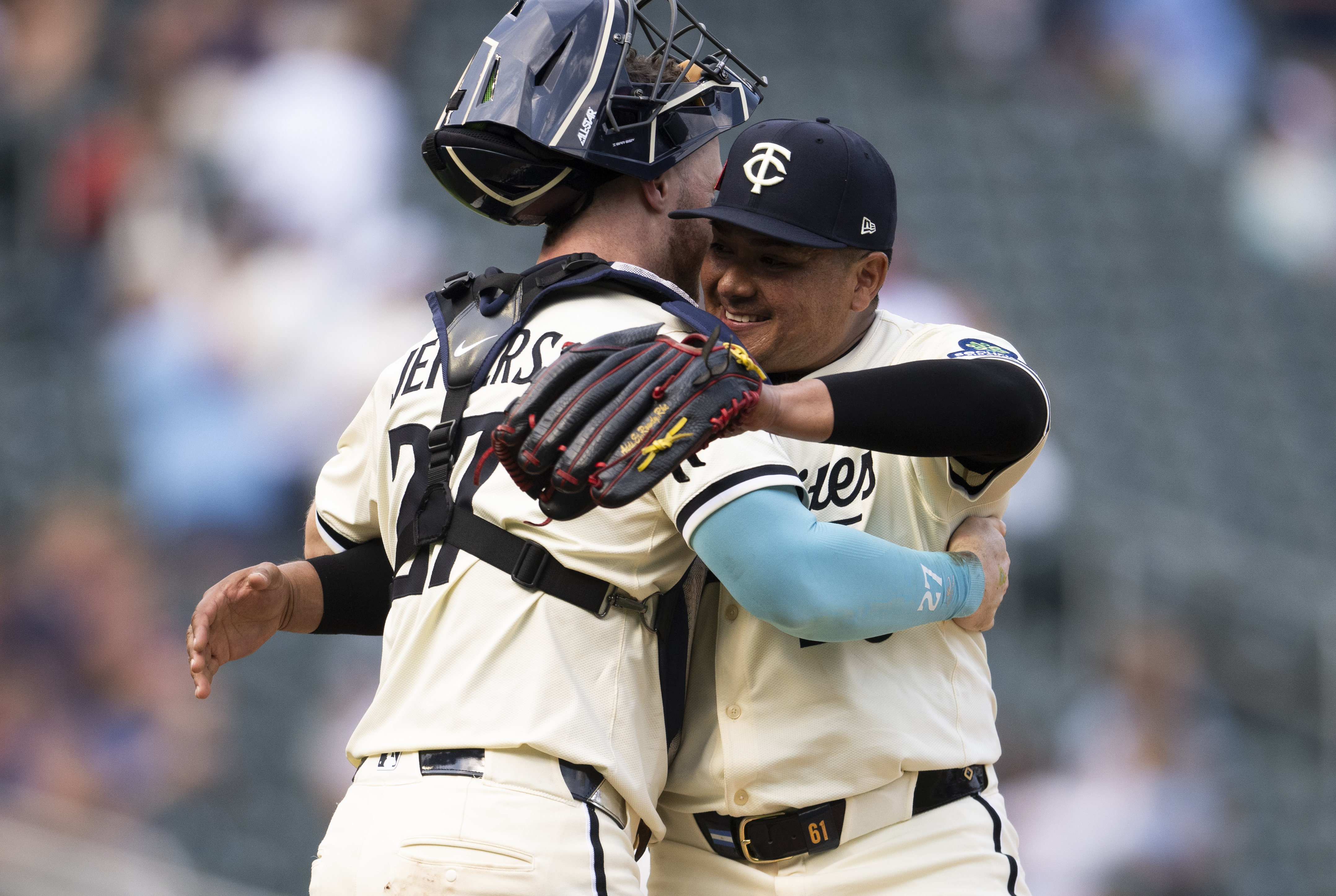 Ryan Jeffers #27 of the Minnesota Twins embraces Erasmo RamÃ­rez #30 after the game against the Detroit Tigers at Target Field on Aug. 17, 2025 in Minneapolis, Minnesota. The Twins defeated the Tigers 8-1. (Photo by Stephen Maturen/Getty Images)