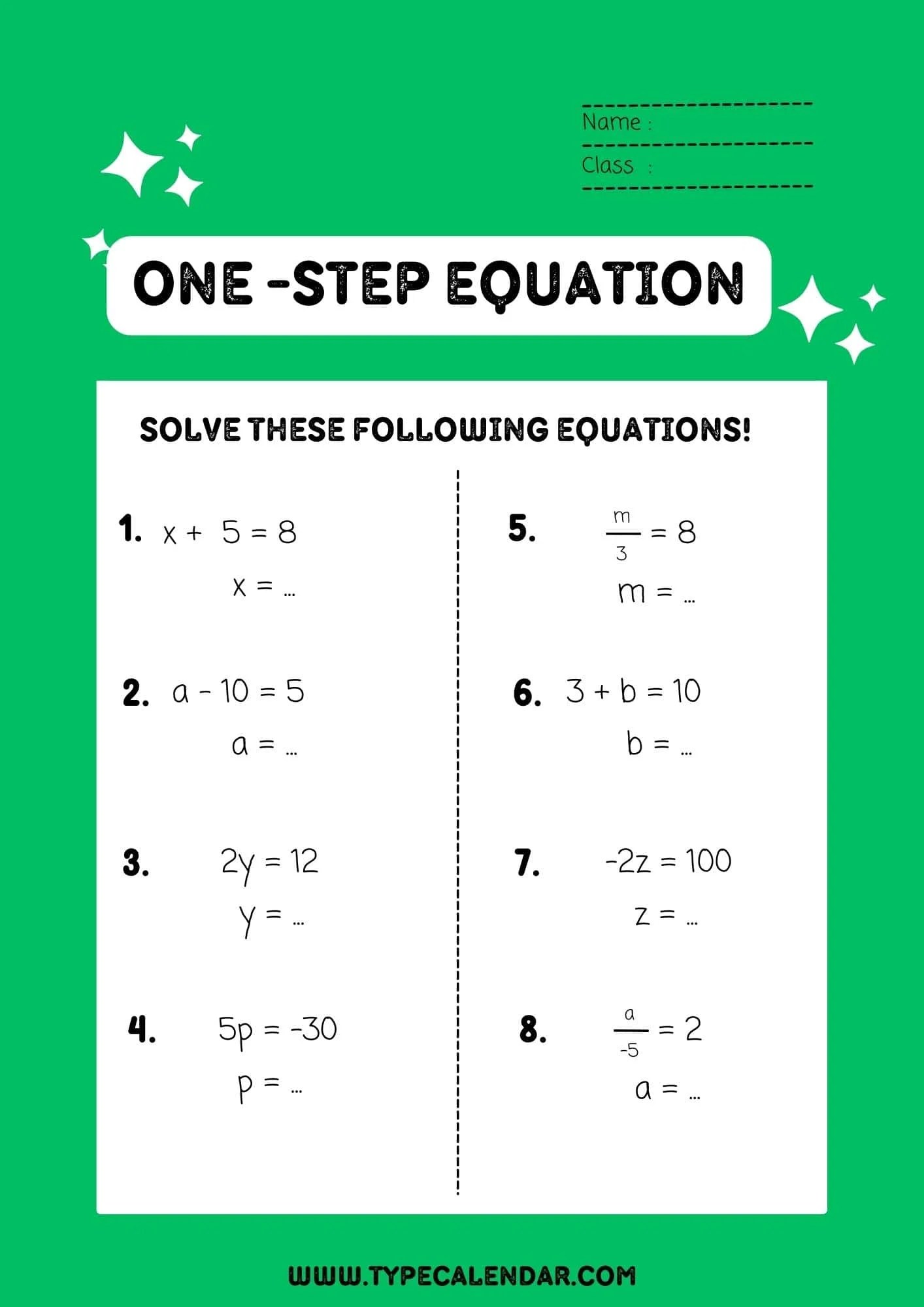 One step equation worksheet