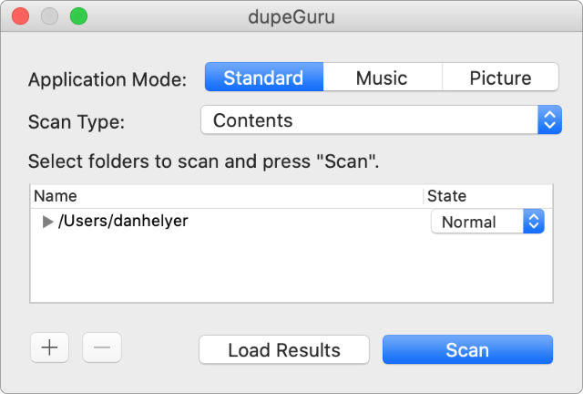 dupeGuru search folder with Scan button