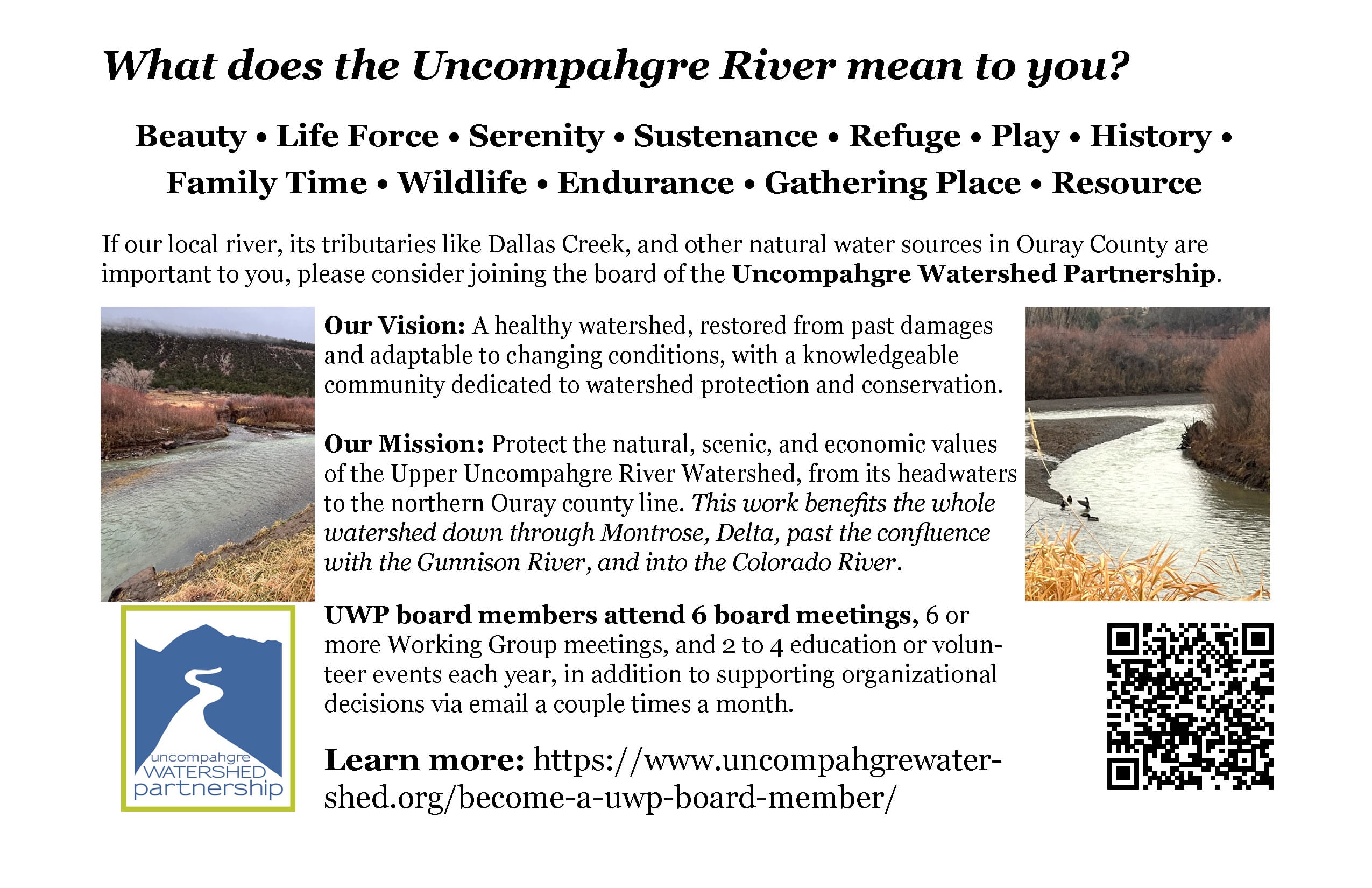 flyer to promote board recruitment for Uncompahgre Watershed Partnership