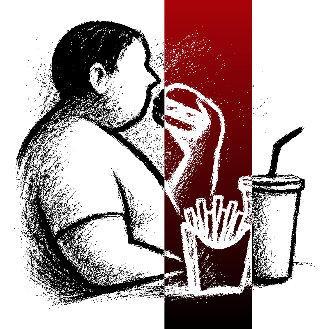 Dessin au fusain représentant d’un côté des aliments ultra‑transformés, et de l’autre des aliments entiers, pour illustrer le rôle de l’alimentation sur l’obésité dans différentes sociétés