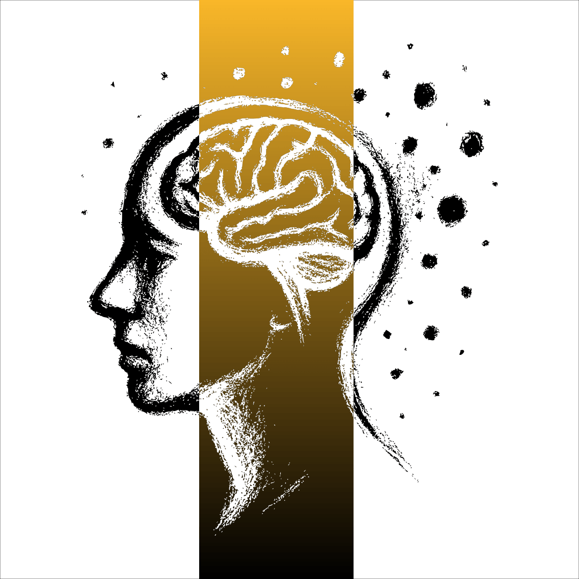Dessin minimaliste au fusain d’un profil humain avec cerveau exposé à des particules de pollution, symbolisant le lien entre pollution de l’air et démence