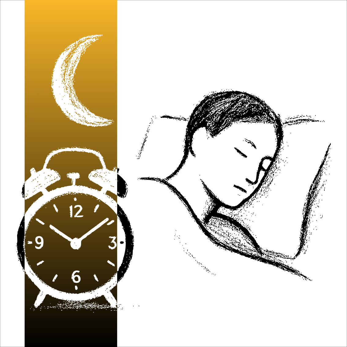 Dessin au fusain montrant une personne endormie avec un réveil et une lune, illustrant la durée de sommeil optimale pour vivre plus longtemps