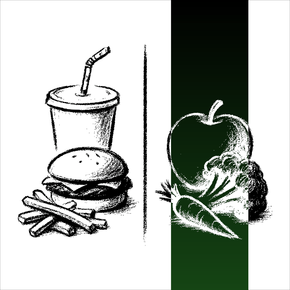 Dessin au fusain minimaliste comparant un repas ultra-transformé (burger, frites, soda) et des aliments entiers (pomme, carotte, brocoli)
