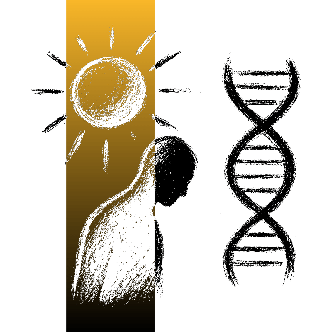 Dessin au fusain minimaliste représentant une silhouette humaine sous un soleil intense, à côté d’une double hélice d’ADN