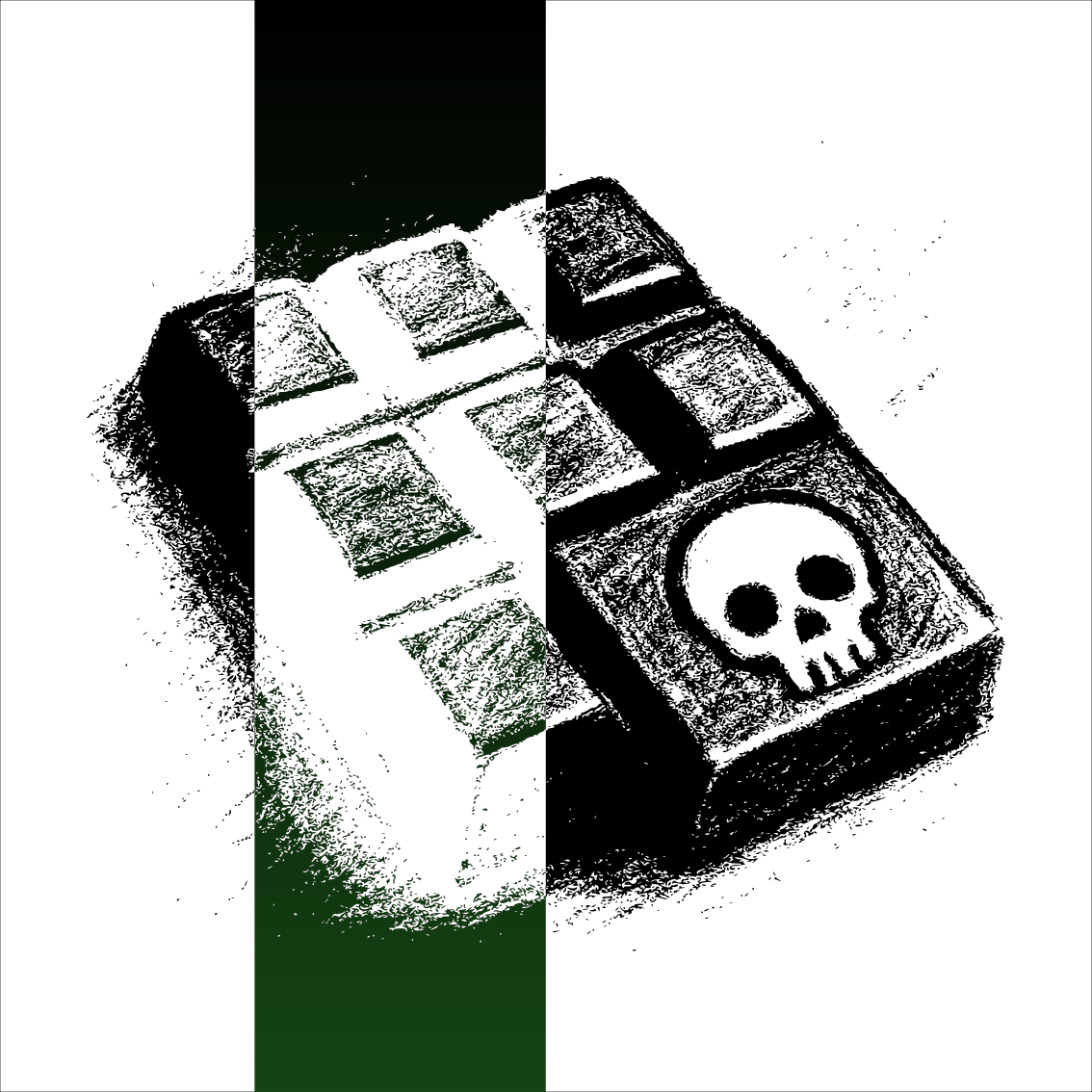 Dessin au fusain minimaliste représentant une tablette de chocolat avec un symbole de toxicité, évoquant la contamination au cadmium