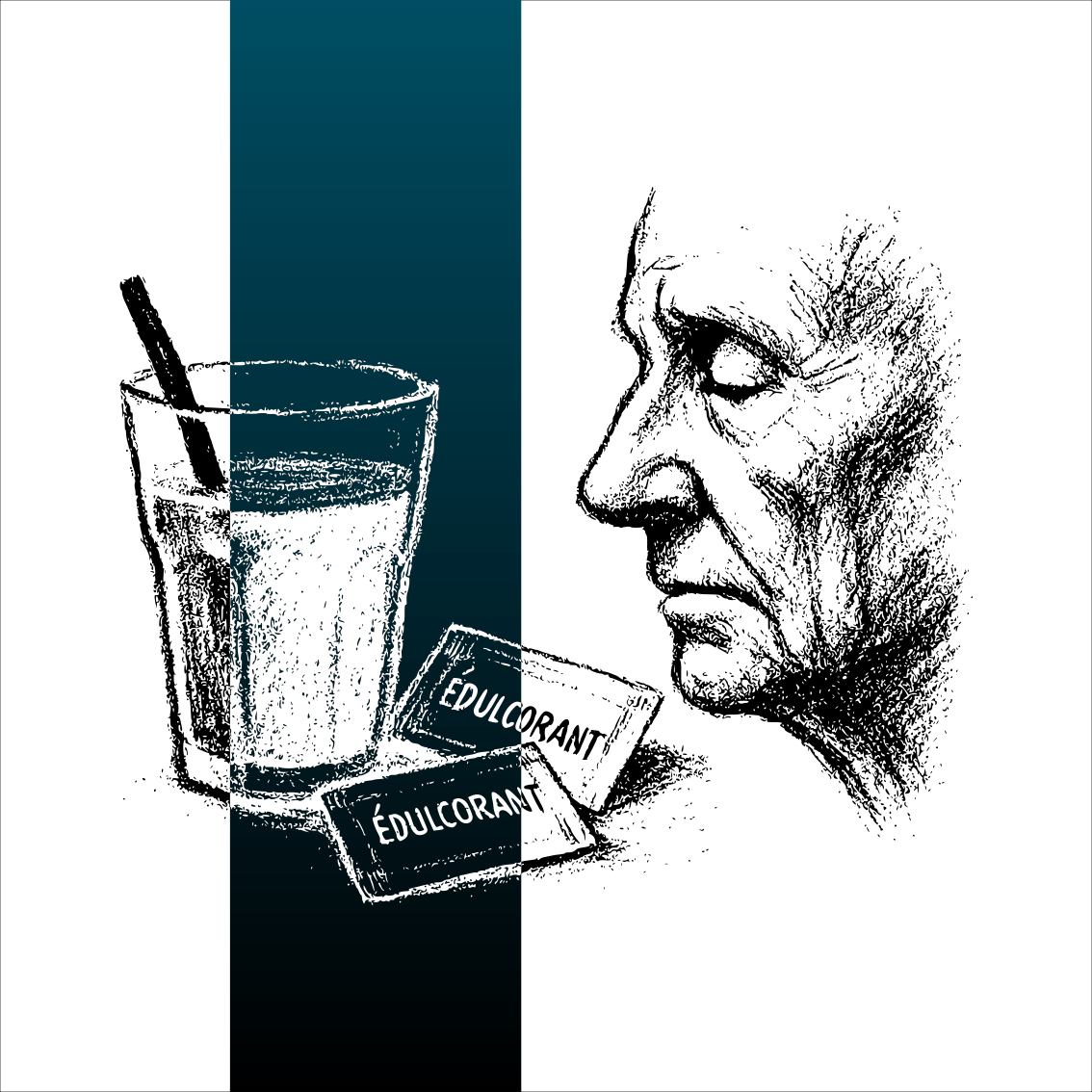 Dessin au fusain représentant un verre, des sachets d’édulcorant et un visage âgé, symbolisant le lien entre consommation d’édulcorants et déclin cognitif