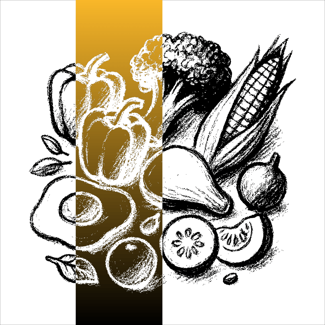 Illustration au fusain d’aliments riches en zéaxanthine comme le maïs, les poivrons, le brocoli et l’œuf