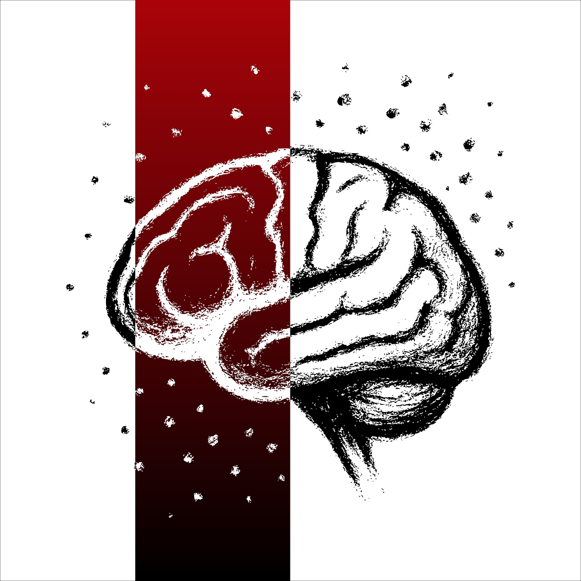 Dessin au fusain minimaliste représentant un cerveau stylisé entouré de petites particules symbolisant des microplastiques