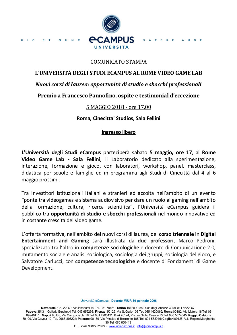 L'università Degli Studi Ecampus Al Rome Video Game Lab