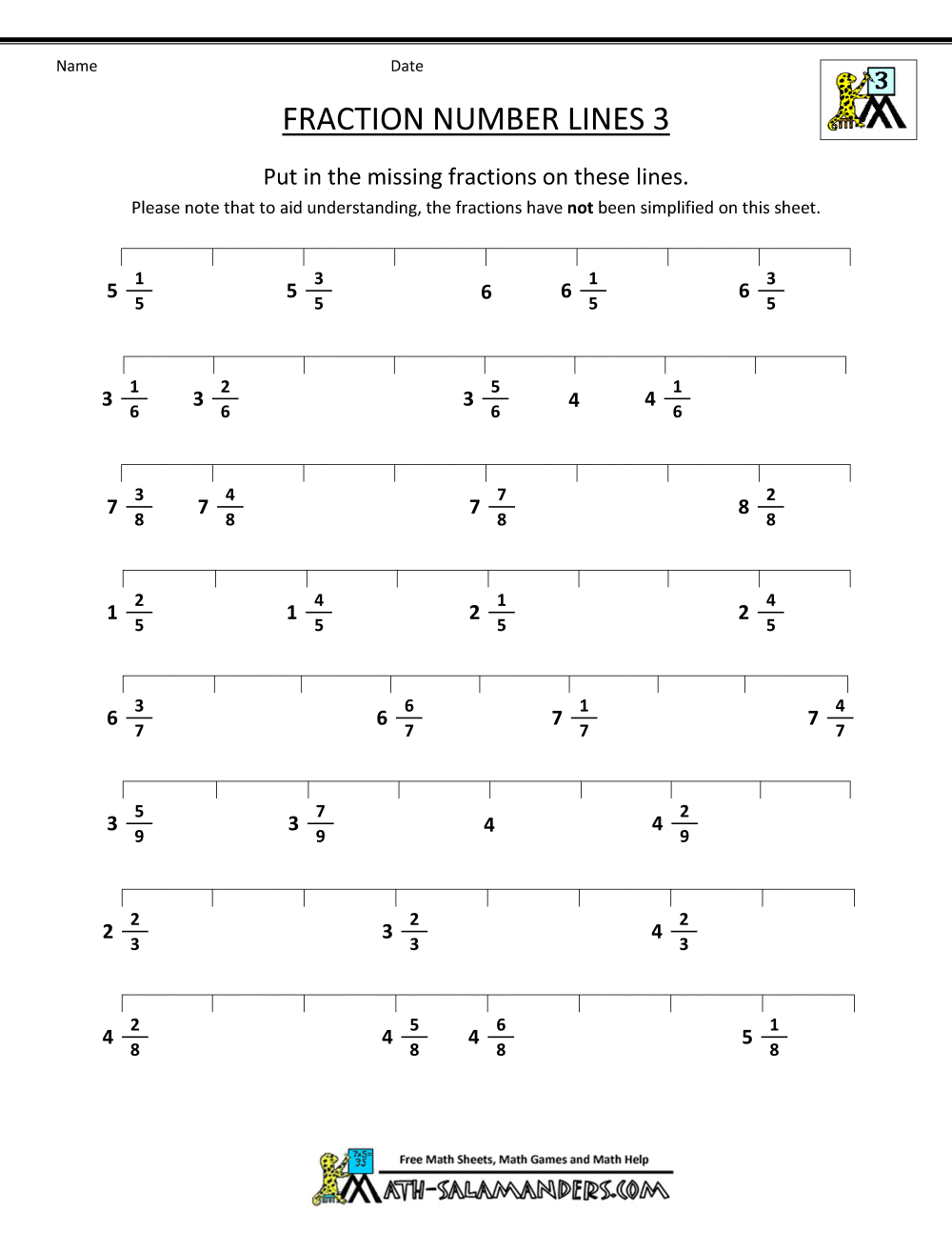 improper fractions on a number line worksheets