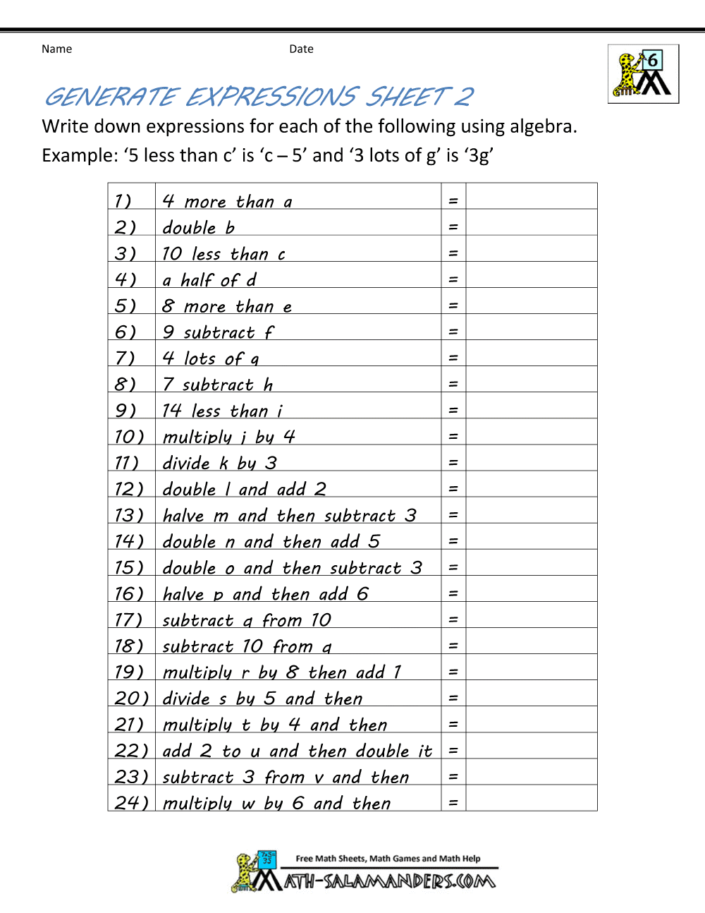 10 basic algebra equations worksheets samples
