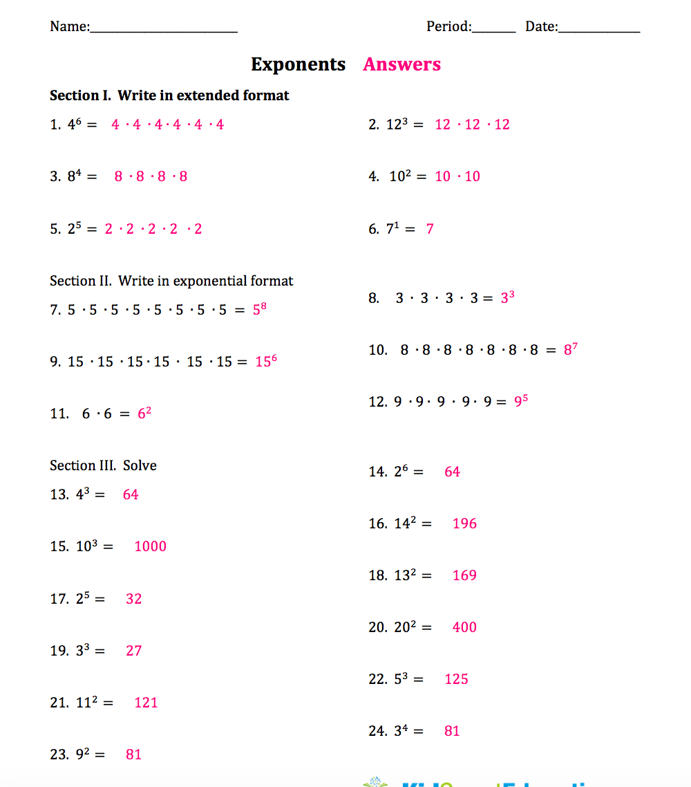 Exponent practice worksheets
