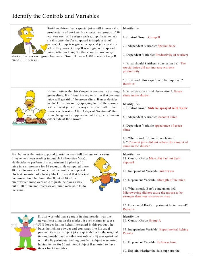 Simpsons variables worksheets