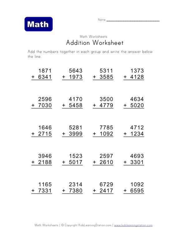 4 digit addition worksheets