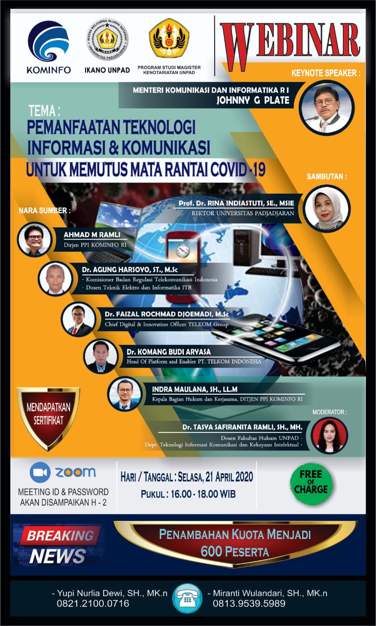 Rina indiastuti menyampaikan terima kasih atas kerja sama layanan kesehatan bagi keluarga unpad. Webinar Fakultas Hukum Unpad: Pemanfaatan Teknologi