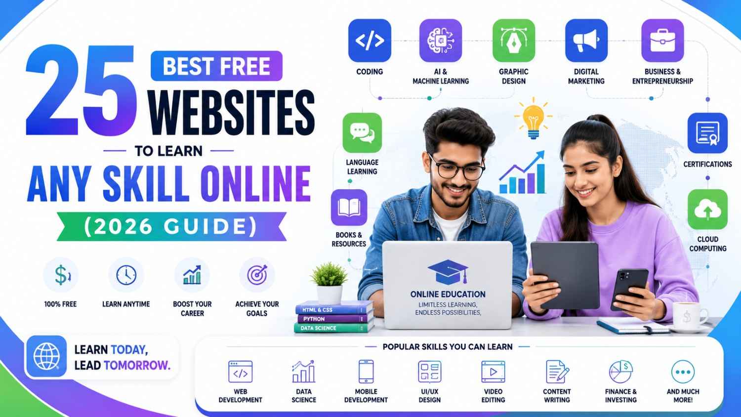 Best free websites to learn any skill online in 2026 featuring top platforms for coding, AI, digital marketing, design, business, and language learning