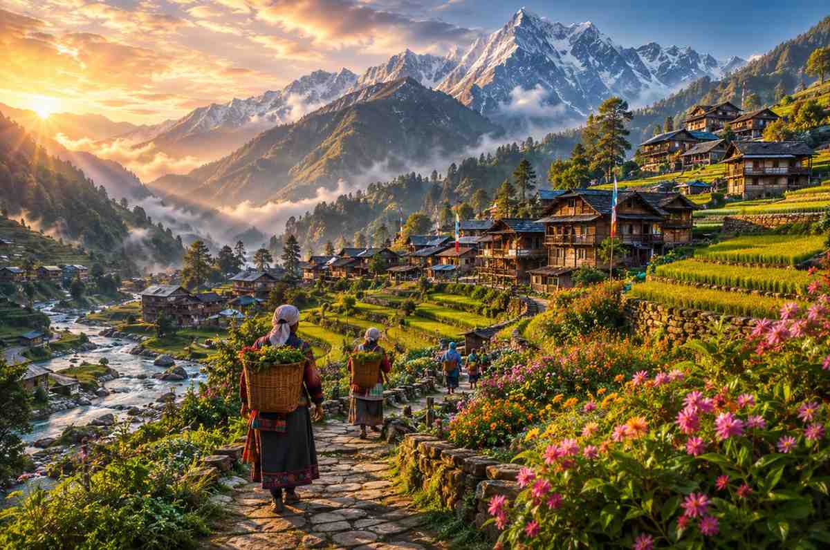 Hidden Himalayan village with scenic mountains and sunrise view.