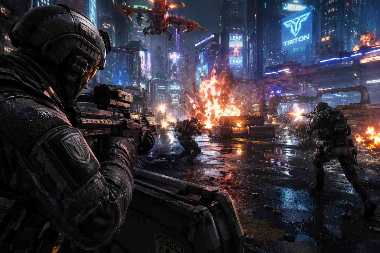 Futuristic FPS soldiers battling in a neon cyberpunk warzone.