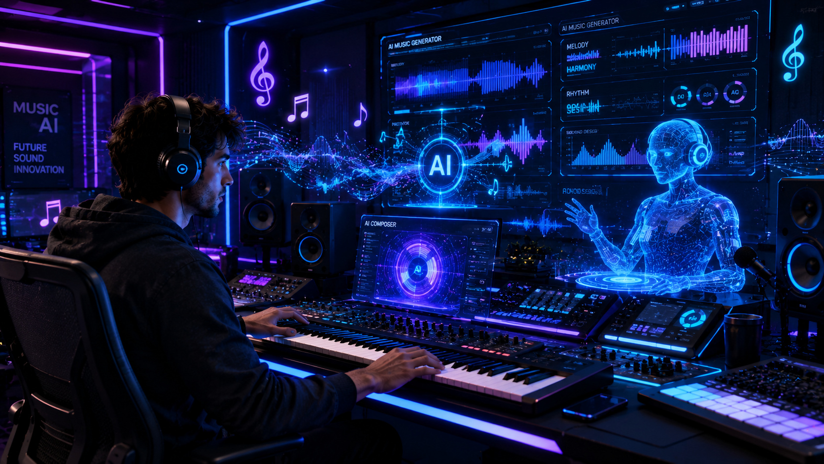Music producer using AI in a futuristic recording studio
