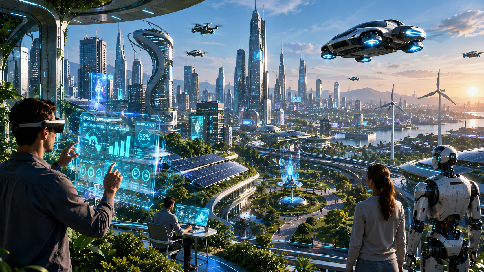 Futuristic smart city with AI robots and flying vehicles