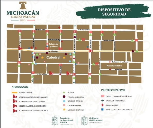 Croquis del dispositivo de seguridad para los festejos patrios, en alcance al comunicado “Asegurada, la vigilancia y proximidad para fiestas patrias en los 113 municipios: SSP Michoacán”.