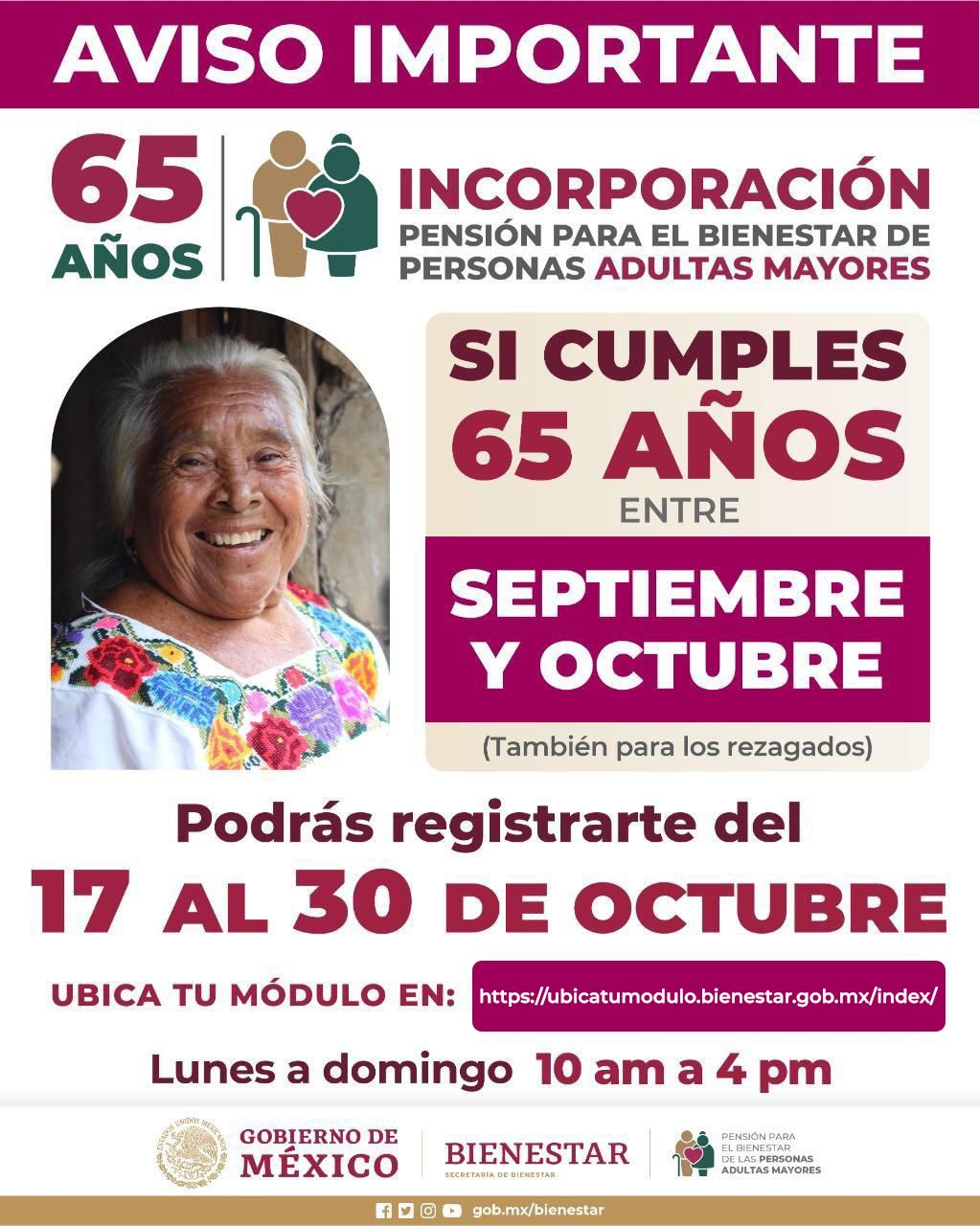 Del 17 al 30 de octubre, registro a Pensión para el Bienestar de Personas Adultas Mayores en el país