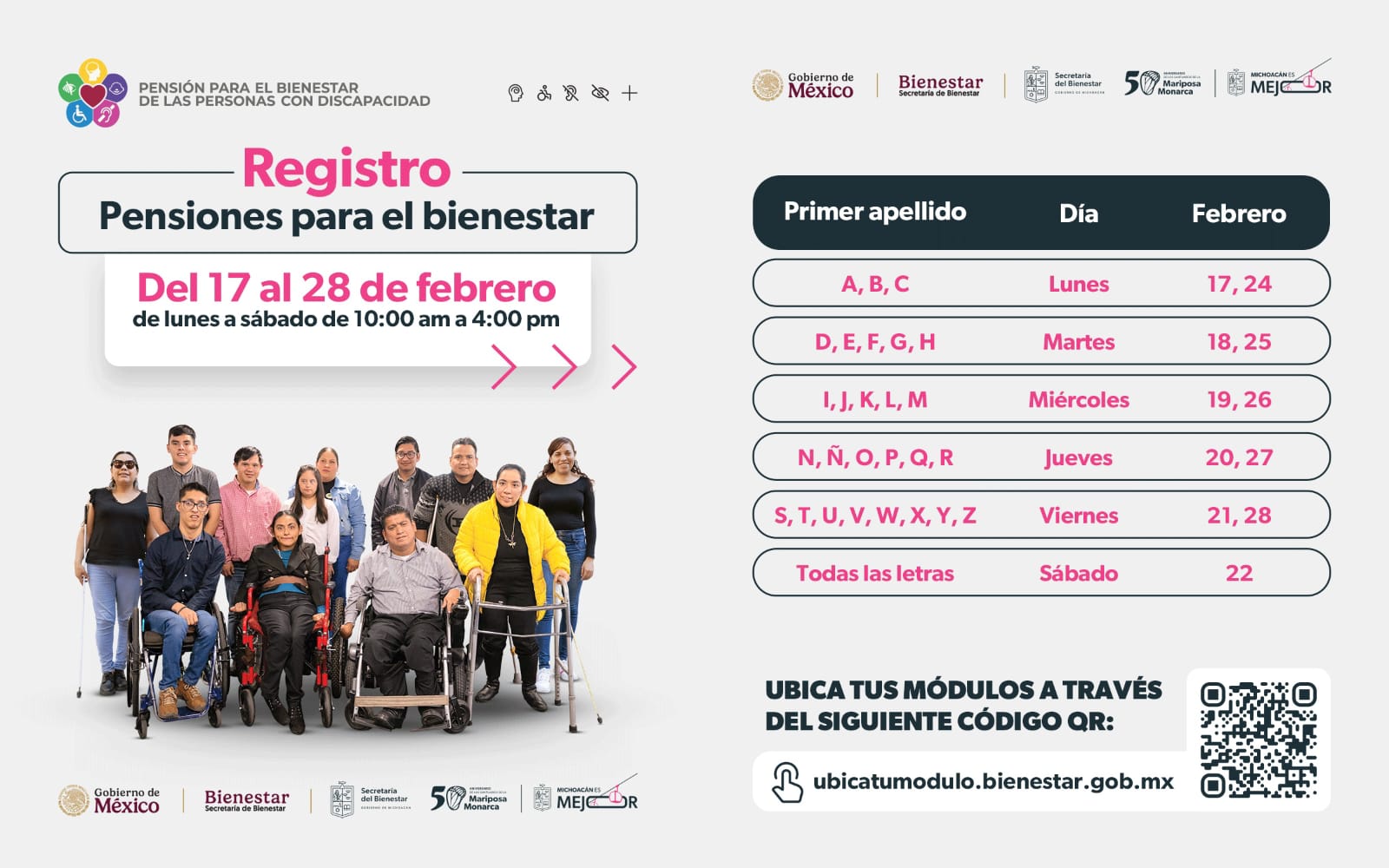 Abierto, registro de pensión Bienestar de las Personas con Discapacidad