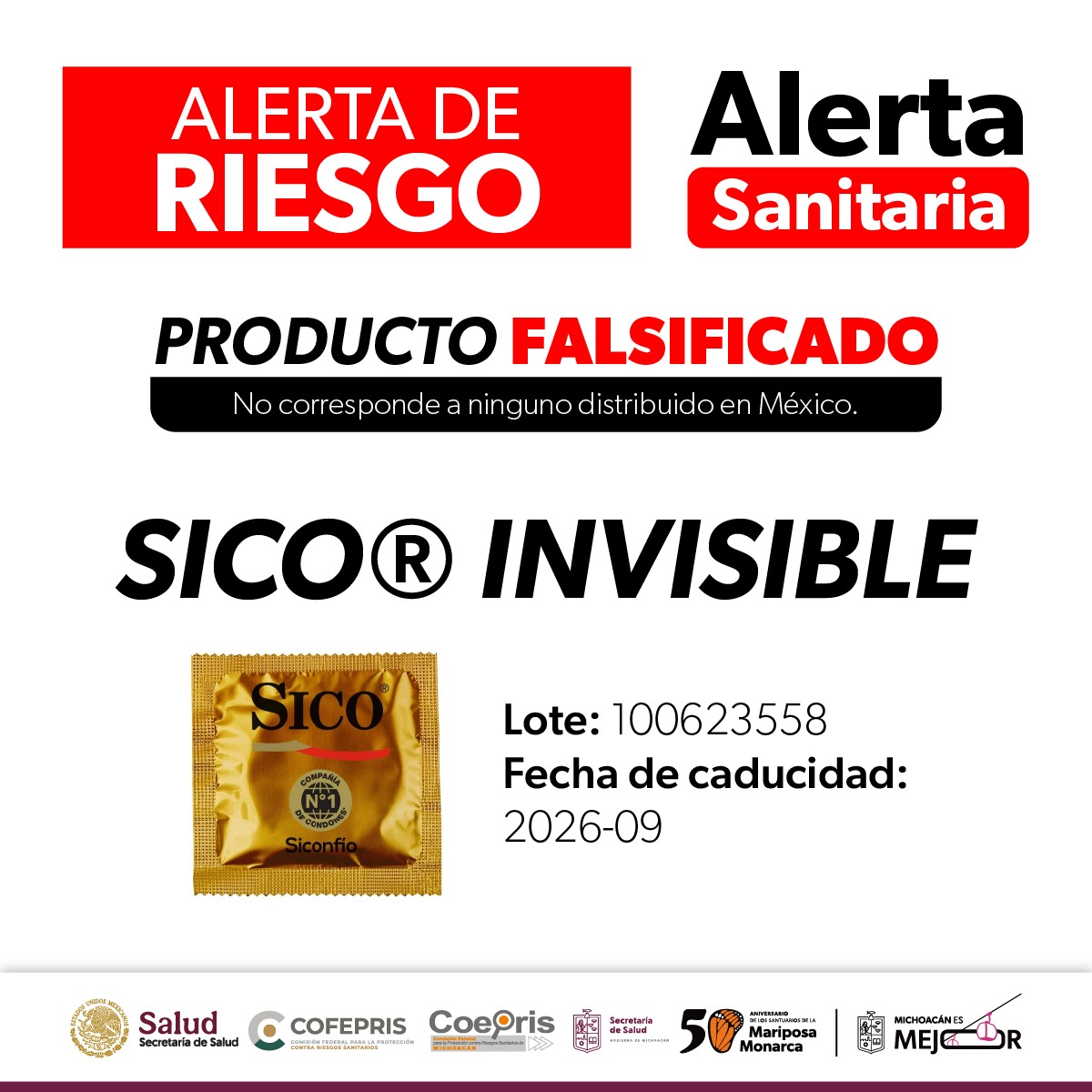Alerta SSM falsificación de condones SICO Invisible