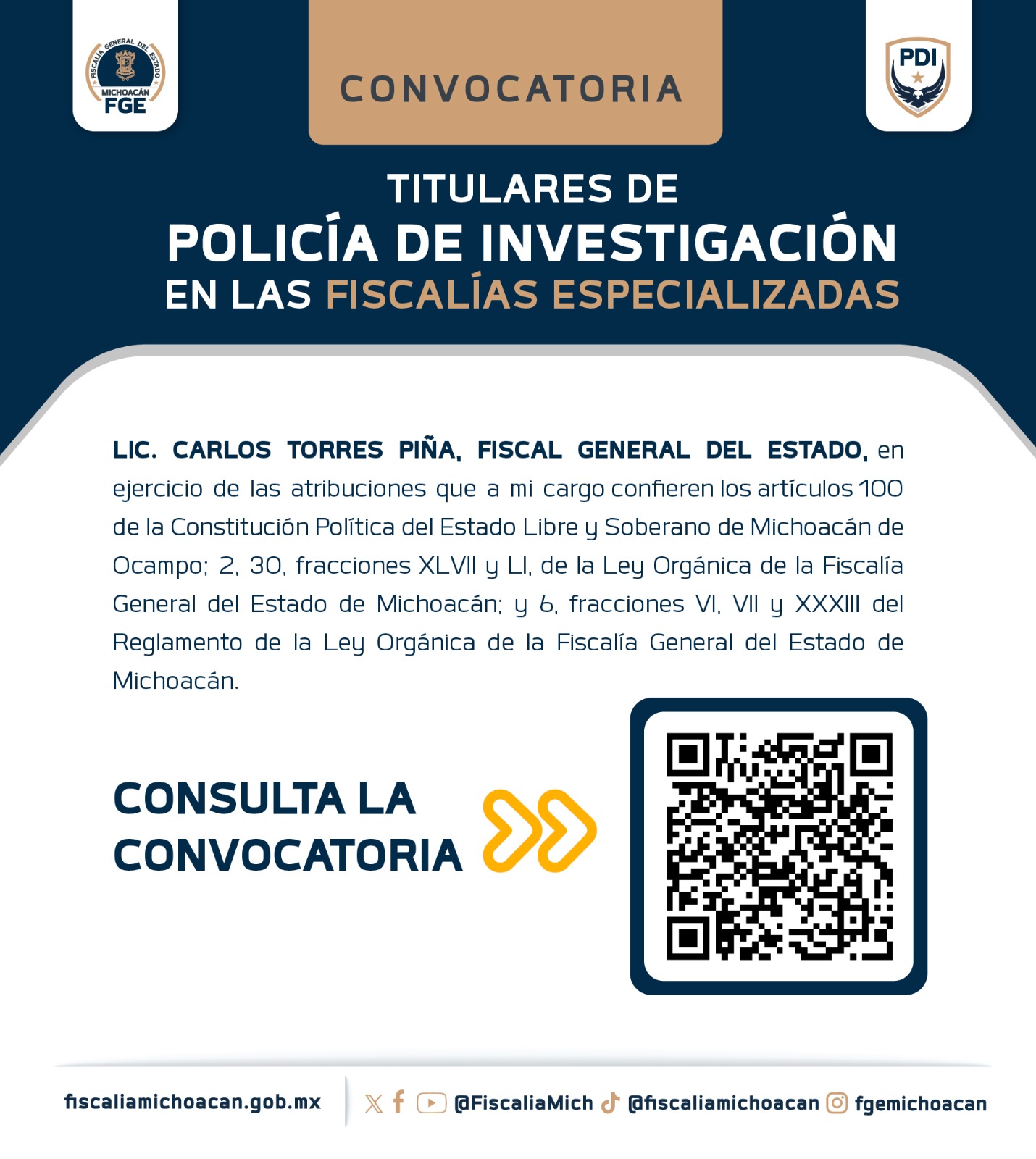 Lanza FGE convocatoria a concurso para ocupar Direcciones de Policía de Investigación en 15 Fiscalías Especializadas