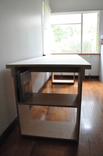 ply office table with shelves