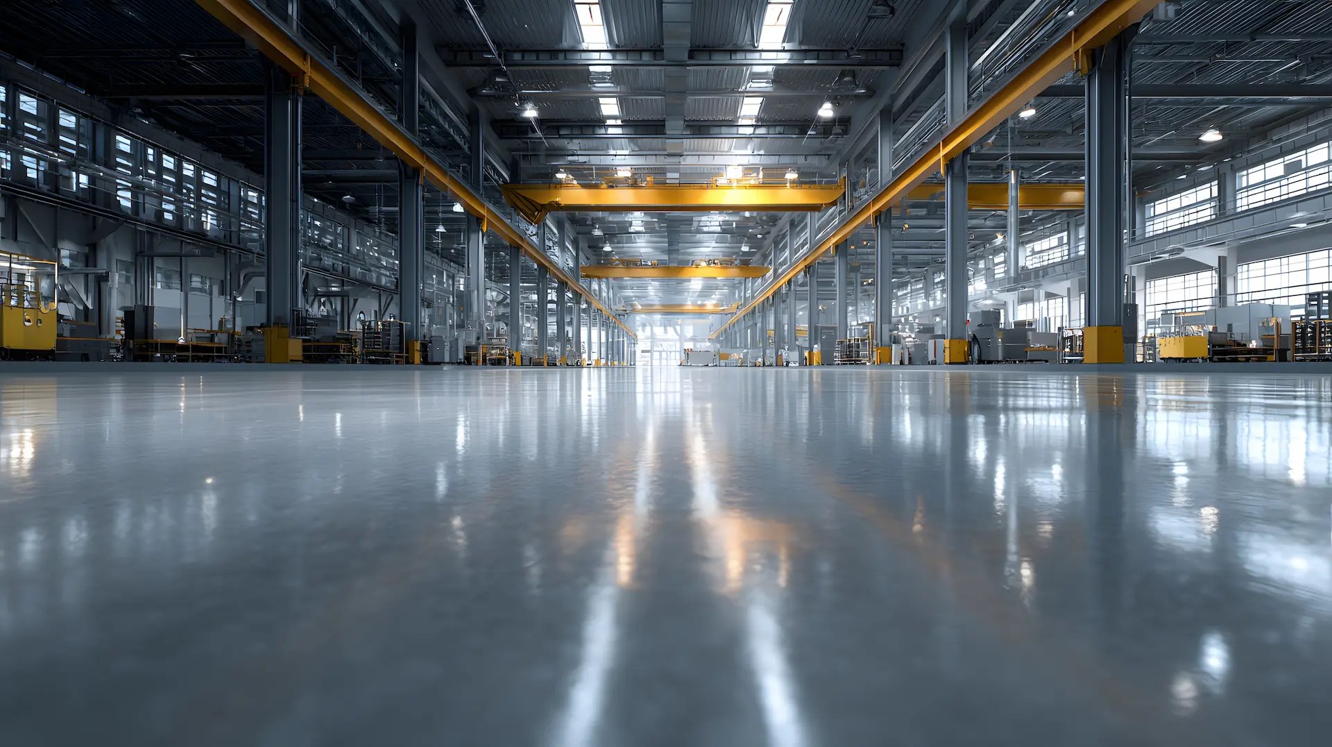 A spacious, modern industrial warehouse with polished concrete floors, high ceilings, yellow cranes, and large windows letting in natural light. The area appears clean, organized, and mostly empty.