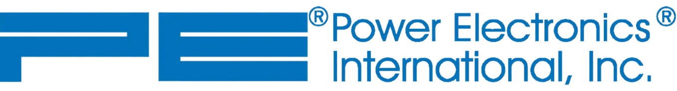 Logo of Power Electronics International, Inc. featuring stylized blue letters PE on the left and the company name in blue text on the right, with registered trademark symbols.